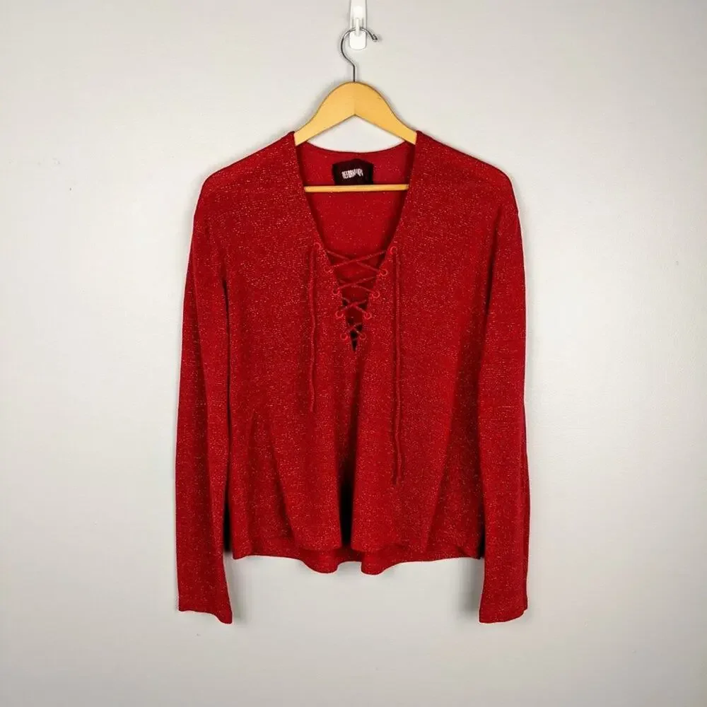 Reformation Lace Up Neck Silver Metallic Red Top